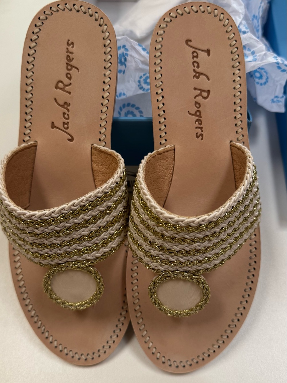 Jack Rogers Beige Sandals with Gold Braided Accents